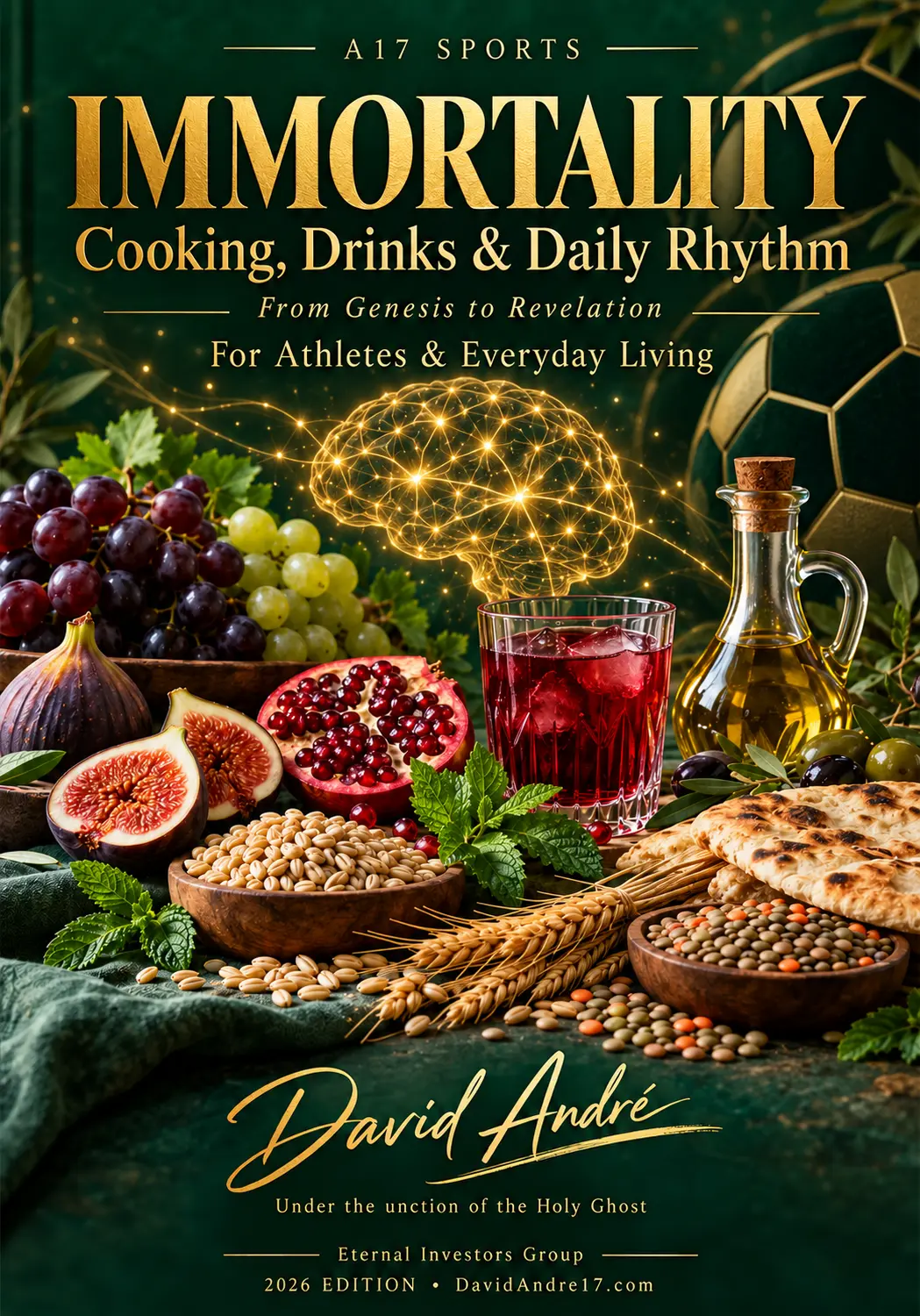 Immortality cookbook cover by David André, showing fruit, grains, bread and a drink