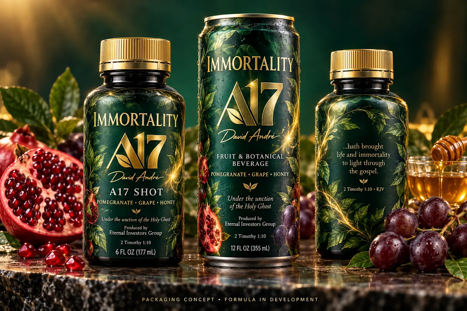 Immortality A17 bottle and can packaging concepts with pomegranate, grapes and honey