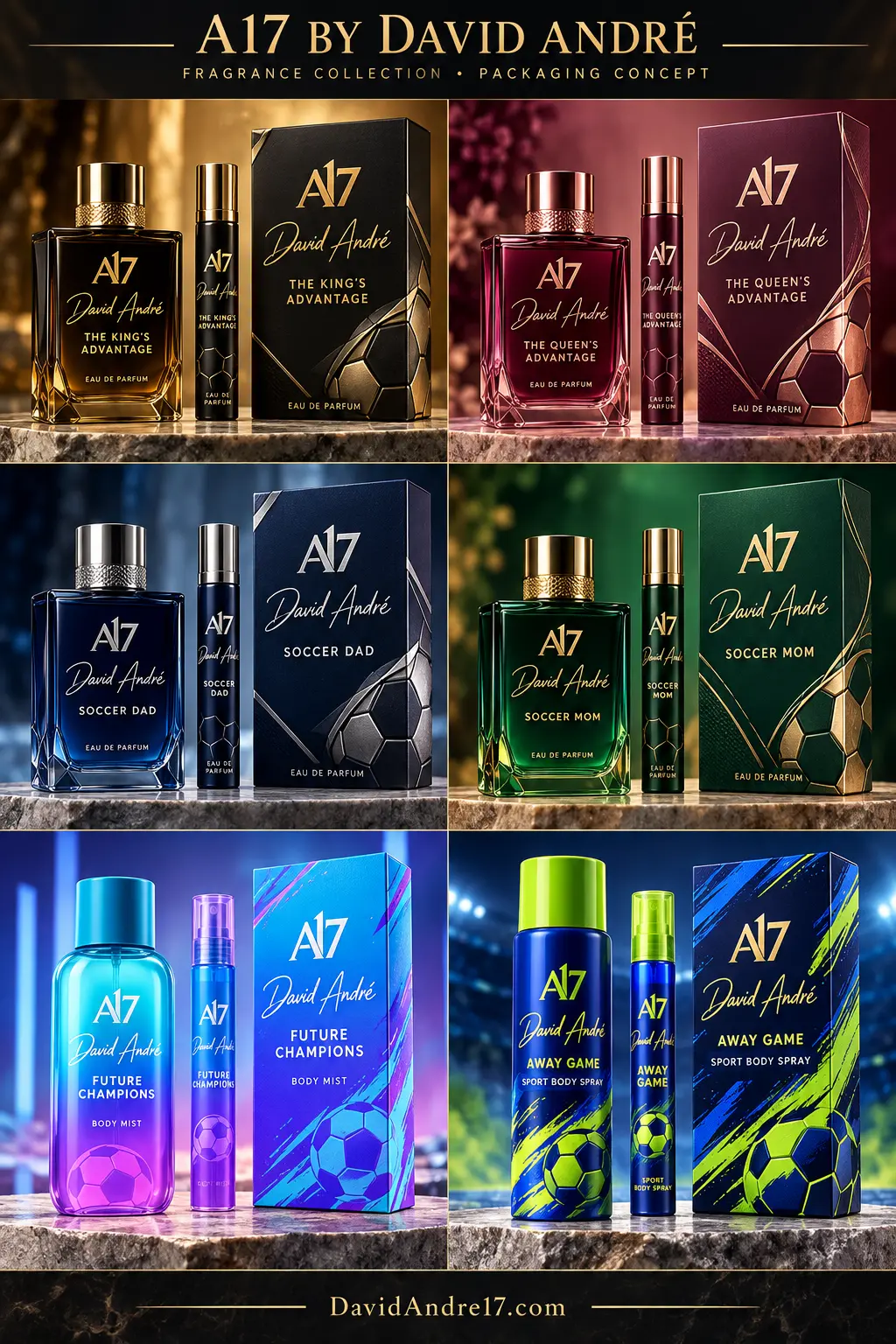 Six A17 fragrance packaging concepts: The King’s Advantage, The Queen’s Advantage, Soccer Dad, Soccer Mom, Future Champions and Away Game